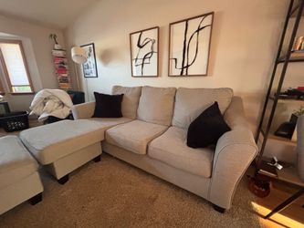Gray Sectional Sofa with Chaise & Ottoman – Comfy Couch, Good Condition