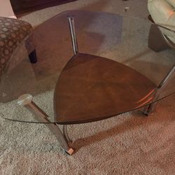 Triangular Wood & Glass Coffee Table on Wheels