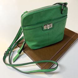 B. Makowsky Vibrant Green Soft Distressed Leather Silver tone Zip Crossbody Bag