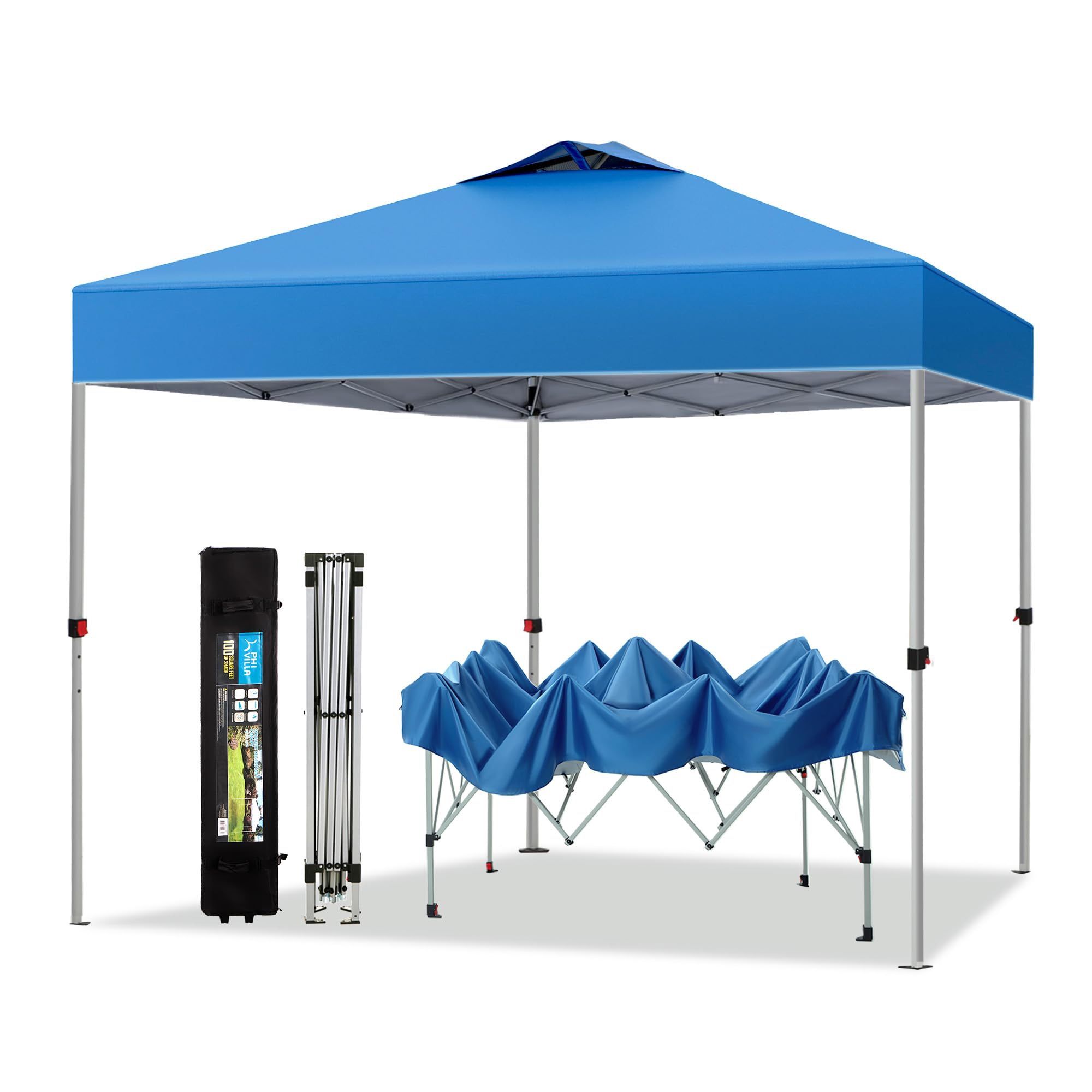 PHI VILLA Outdoor Pop up Canopy 10'x10' Tent Camping Sun Shelter-Series Party Tent, 100 Sq. Ft of Shade (Blue)
