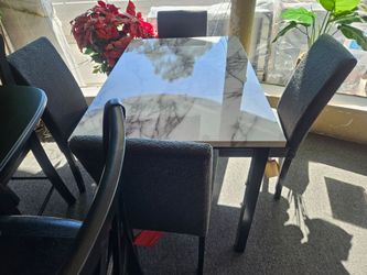 Brand new white faux marble dining table + 4 fluffy gray linen chairs (43" x 28" x 30” H; Chair: 17" x 22" x 35"H)