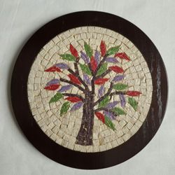 Vtg Mosaic Tree Of Life On Wood Wall Decor 7.5" in Diameter Marble/Stone 