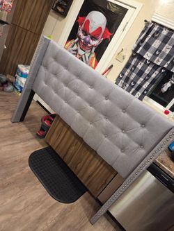 Gray Tufted Upholstered Headboard with Nailhead Trim