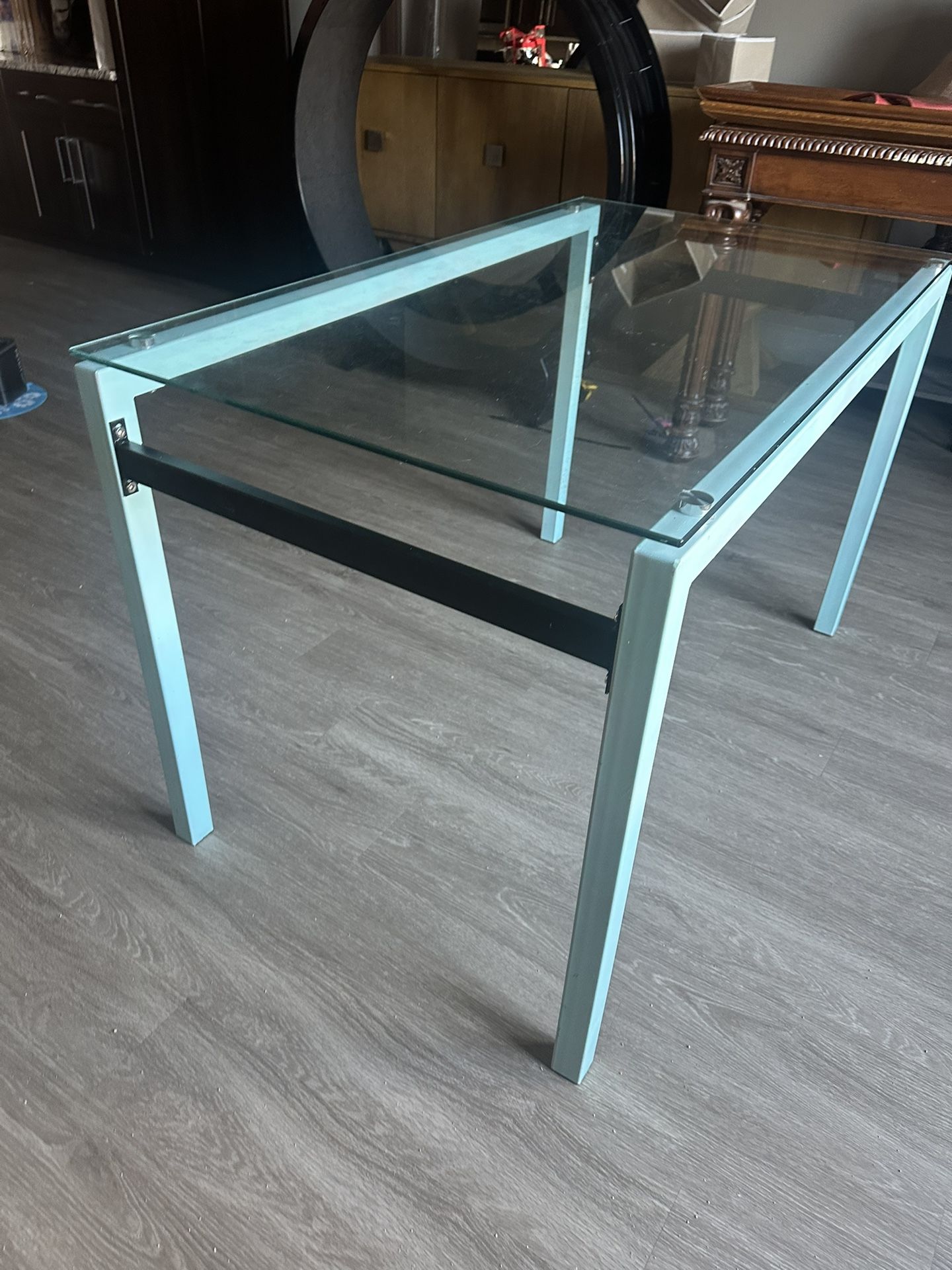 Modern Glass Top Table – 47x28x30 in, Light Blue Metal Frame (MOVING OUT SALE)