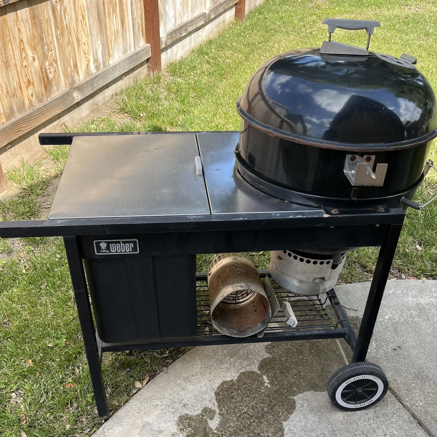Weber 22in Grill BBQ Electric Rotisserie With Stainless Steel Side Table And Storage Bin And Charcoal Starter Chimney