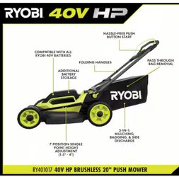 Ryobi 40v Mower w/battery @ charger
