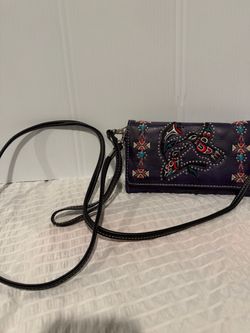 Purple Embroidered Crossbody Wallet Bag