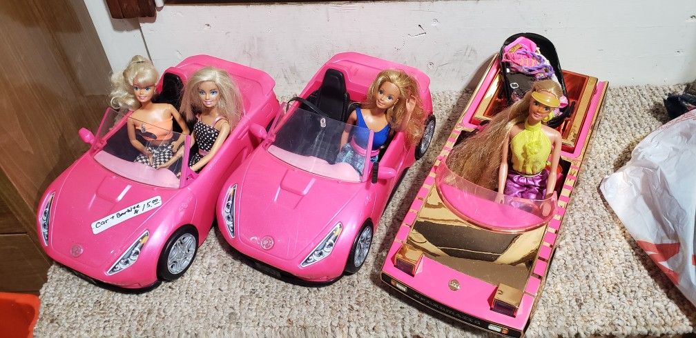 3 Barbie Convertibles And Dolls