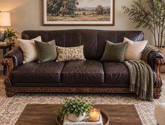 Dark Brown Leather Sofa – Ornate Wood Trim