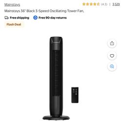 36" Black 3-Speed Oscillating Tower Fan,