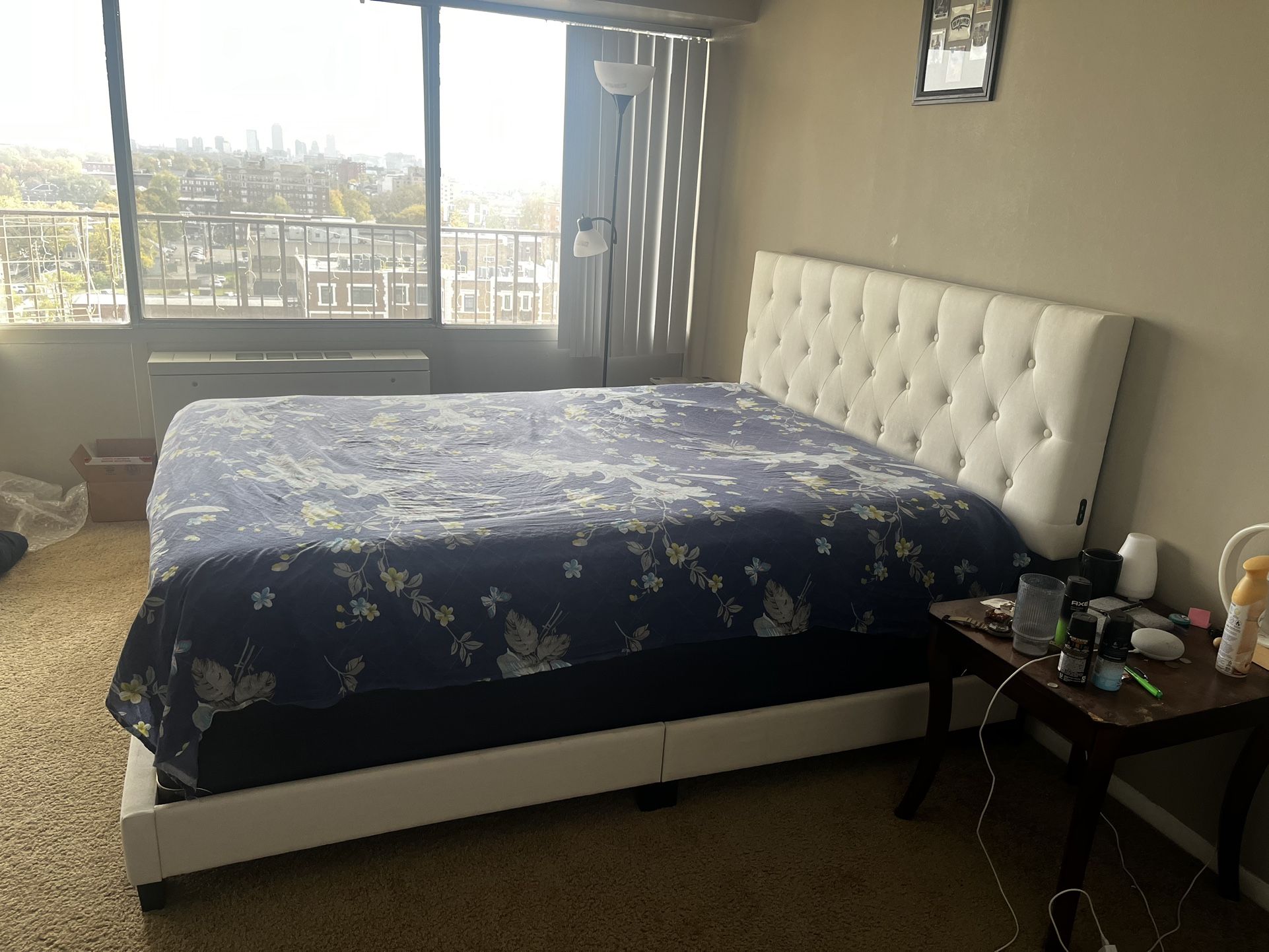 Queen Size Bed with Bed Frame, Box Spring & Mattress - Good condition.