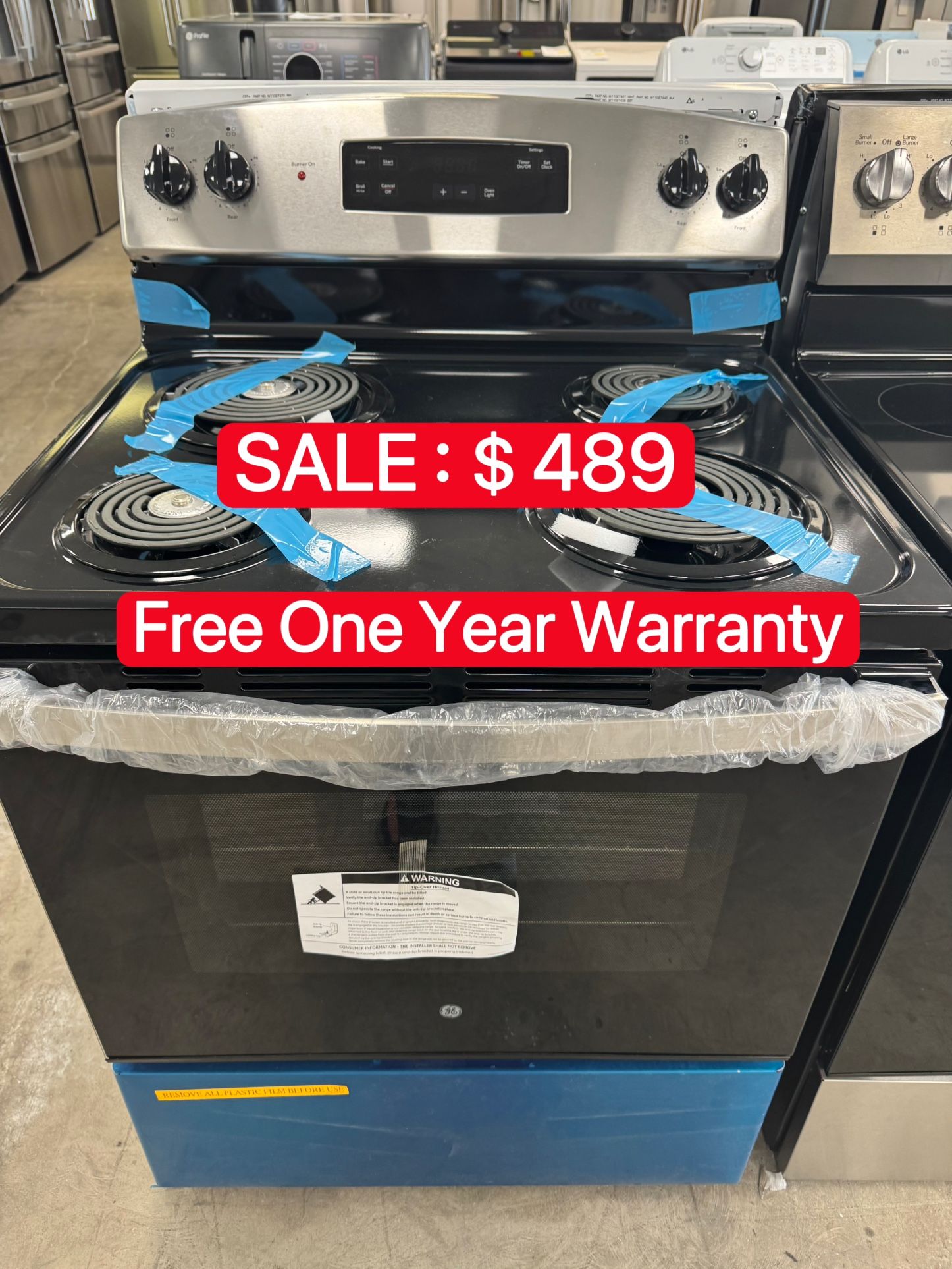 GE Free-Standing Electric stove in Stainless Steel-Free One Year Warranty