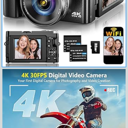 4K Digital Camera for Photography Autofocus, Upgraded 64MP WiFi Vlogging Camera for YouTube with 3" 180° Flip Screen, 16X Zoom, Compact Travel Cameras