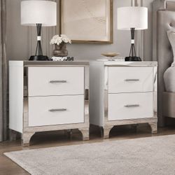 Set Of 2 - Modern White  High Gloss 2-Drawer Nightstands w/ Mirrored Trim  [NEW IN BOX] **Retails for $320 ^Assembly Required^ 