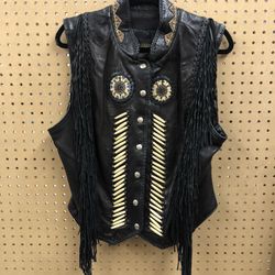 Leather Biker Vest Tribal Beaded Design