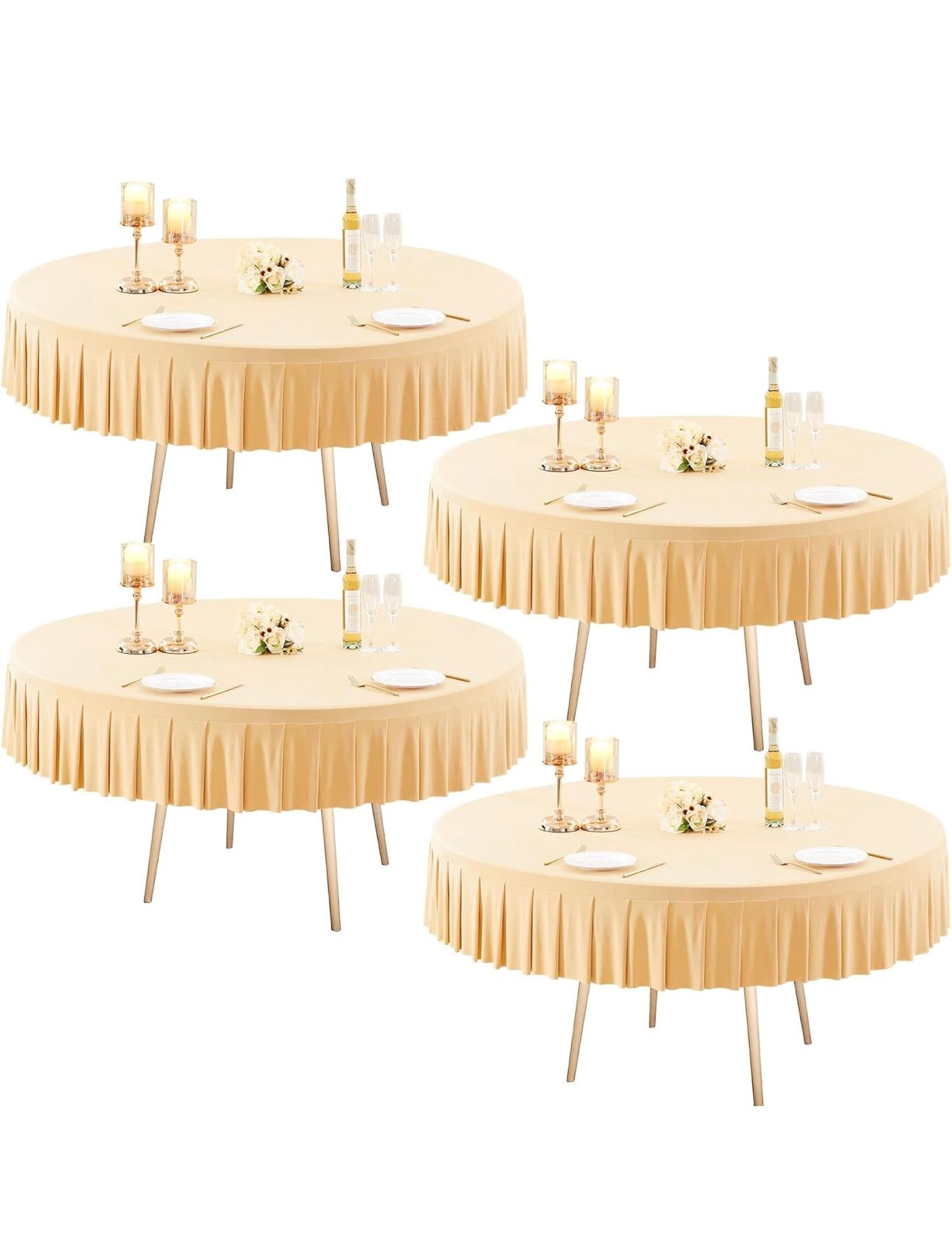 4 Pack Champagne Spandex Round Tablecloths for 60 inch Table, Stretchy Fitted 5FT Round Table Cloths Wrinkle Free Round Table Covers with Skirt for We