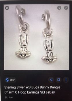 Sterling silver Warner Brothers Bugs Bunny Dangle Charm C Hoop Earrings