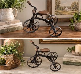 Rustic Metal & Wood Tricycle Decor – Farmhouse Bicycle Sculpture 11"
