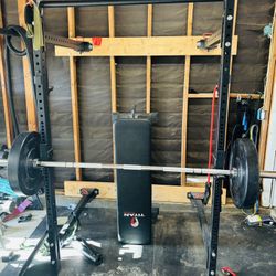 Titan Fitness Folding Rack, Bench, Bumper Plates, Olympic Barbell