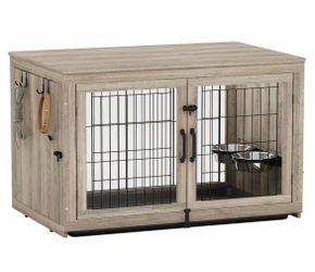 Wooden Dog Crate Furniture with 360°Rotatable Removable Dog Bowls, Dog Crate End Table with Tray, Double Doors Dog Kennels for Dogs(XL:43.2" L*28.6" W