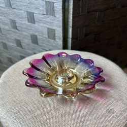Mid-Century Fostoria Celestial Marigold Floral Glass Iridescent Candle Holder