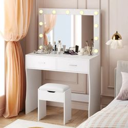Makeup Vanity Table Set with Lights and Mirror Vanity Desk with Drawer and Chair, White