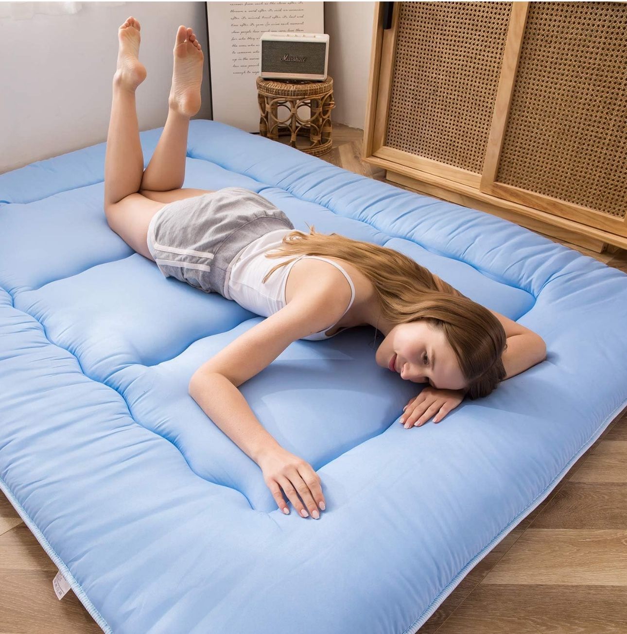 MAXYOYO - Colchón de piso japonés, colchón futón, colchón grueso para dormir, enrollable plegable, para adultos y niños, tumbona de piso, color azul p
