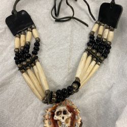 Carved Antler Leather Bead Choker Necklace 