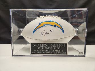 Chargers Omarion Hampton Signed, PSA-Certified Logo Football In Display Case W/ Nameplate 