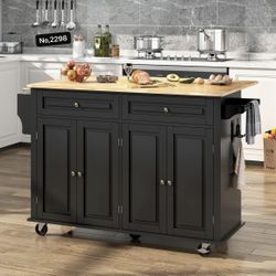 59” Kitchen Island Cart with Wood Top and Drop Leaf, Rolling Kitchen Island Table on Wheels with Drawer, Storage Cabinet, Spice Rack and Towel Rack fo
