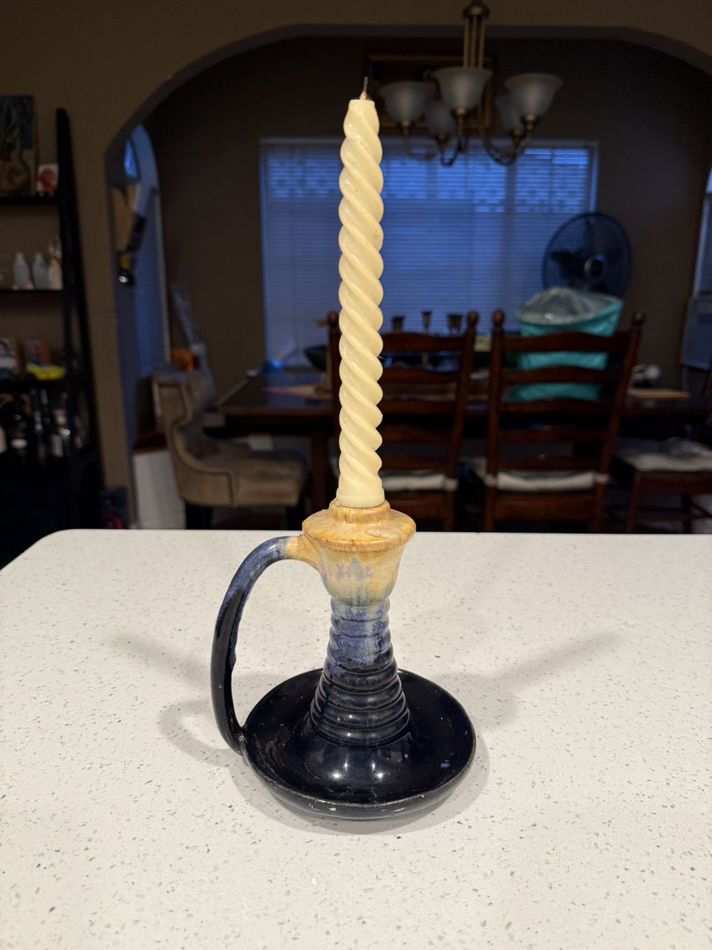 Vintage Art Pottery candlestick holder, Blue Glazed, Signed , 6" Tall