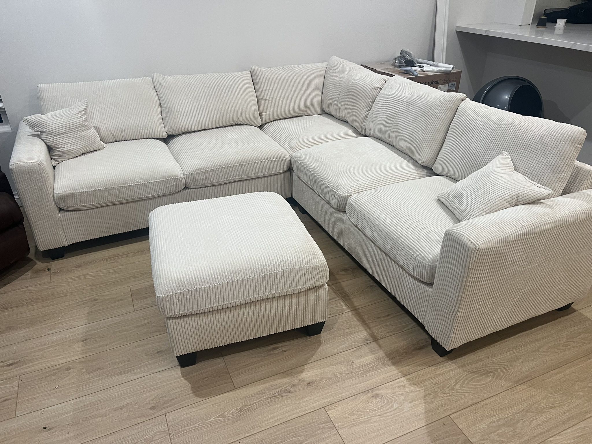 New Corduroy Fabric Sectional. Off White / Beige. 99” X 99”. Free Delivery!
