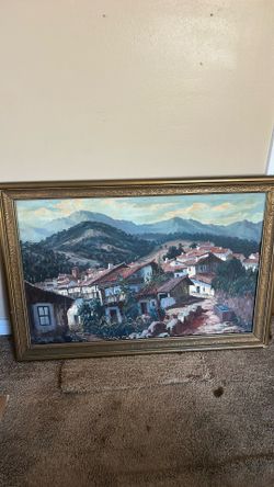 Large Original Oil Painting on Canvas – Signed “Kaniel,” European/Spanish Village Landscape, Gold Frame