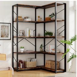 5 Tier Corner Bookshelf, L Shaped Large Bookcase, Rustic Brown Etagere Bookcase, Corner Shelf Display Storage Rack, with Metal Frame, for Living Room,