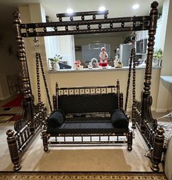Indian Carved Wood Swing Jhula with Cushions
