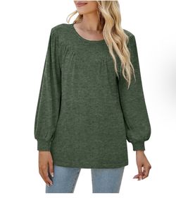 Women's Green Size L Tunic Tops Crew Neck Long Sleeve Sweatshirt Blouse