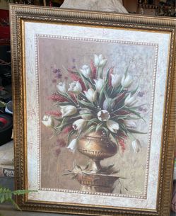 vintage Welby Print White Tulip Floral Arrangement Glass framed pictures 40X28