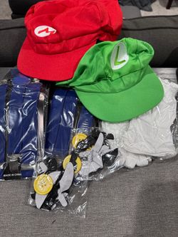 Mario and Luigi hats with red and green with suspenders and accessories.