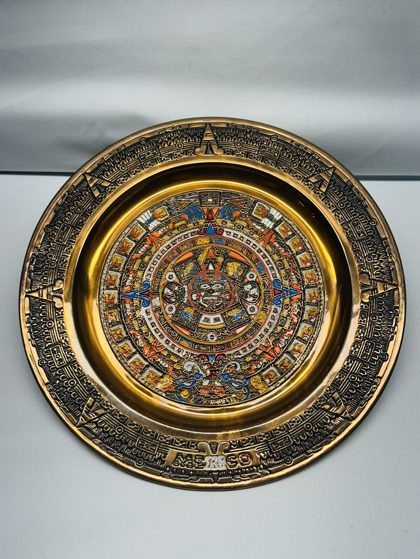 Mexico Brass Aztec Hanging Plate,Colorful Enamel Inlay, 11"