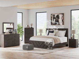 Prendonea Charcoal King Panel Bed, Dresser, Mirror, Chest and Nightstand (Online Special Price)