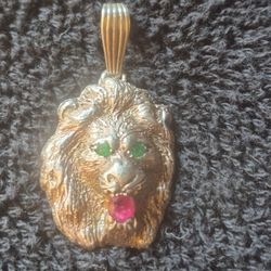 Unique Sterling Lion Head pendant With Emerald And Ruby Gemstones...