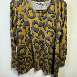 LOGO Lori Goldstein Asymmetrical Hem Tunic Gold Animal Print Women Medium NWOT 