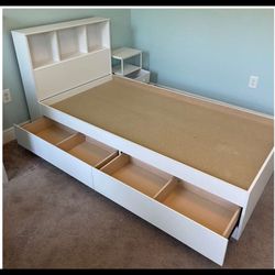 White Wood Twin Bed Frame with Bookcase Headboard & Side Drawers and Nightstand