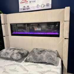 QUEEN BED FRAME WITH FLAME BOX 16 ADJUSTABLE COLOR (KING AVAILABLE) - [NEW]