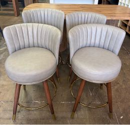 New assembled 24 Inch White Leather Swivel Counter Bar Stools Set of 4 Upholstered pleated backs, wood legs, gold footrests, 300lbs capacity swivel ch