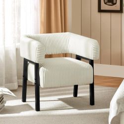 Yaheetech Corduroy Barrel Accent Chair, Modern Upholstered Armchair with Solid Wood Legs, Beige 🌱