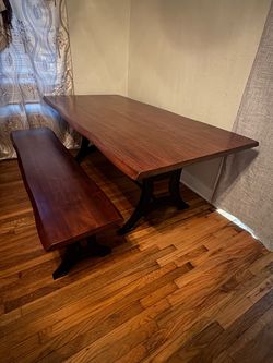 Solid checstnut River City Foundry table & bench  with original cast-iron bases