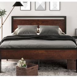14 Inch Full Size Metal Platform Bed Frame with Wooden Headboard and Footboard, Mahogany Y-50