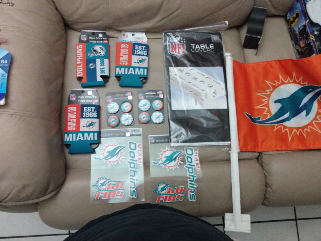 Miami Dolphins Can Coolers Button Pack Pins Multi-use Decals And Dolphin Flag