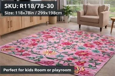 Brand New 118×78 Large Area Rug – Pink Floral Design, Soft Non-Slip Carpet for Living Room / Bedroom